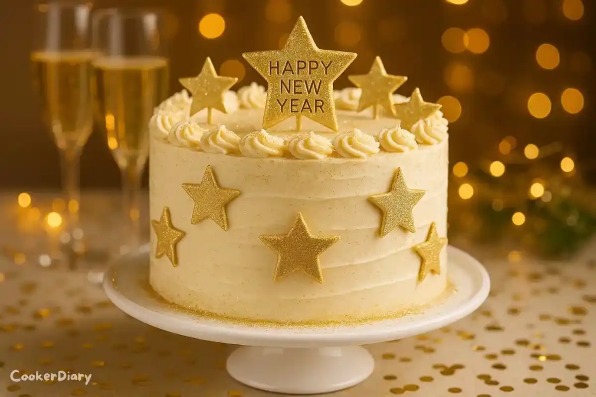New Years cake with gold glitter and stars on white stand, with champagne glasses and confetti in background.
