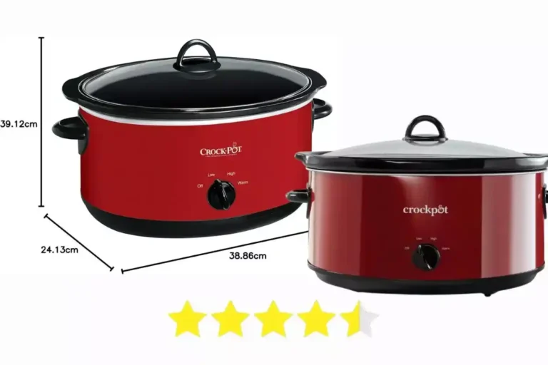 Red Crock-Pot Express Crock 8 Quart Slow Cooker with glass lid and removable stoneware pot on kitchen counter.