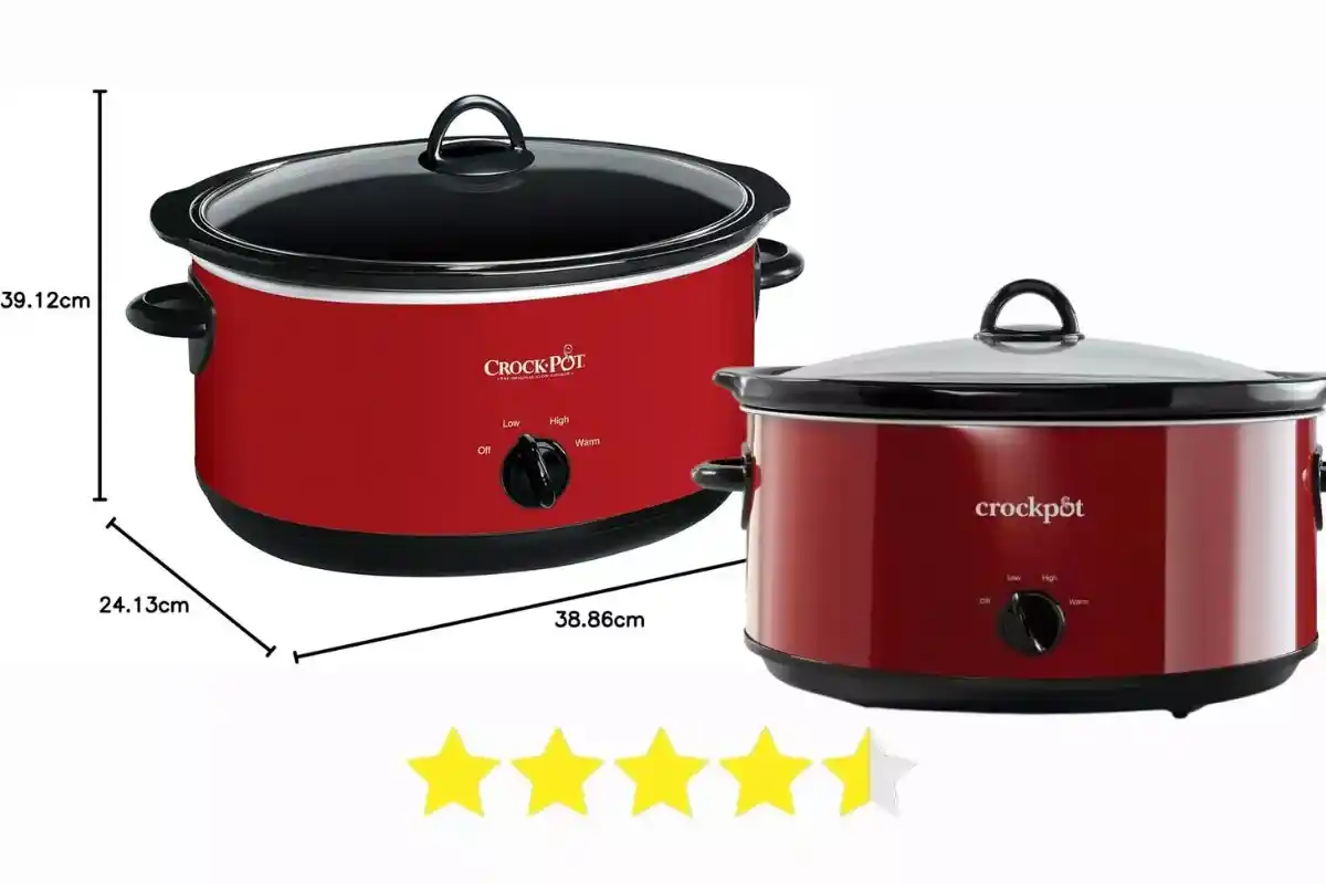 Red Crock-Pot Express Crock 8 Quart Slow Cooker with glass lid and removable stoneware pot on kitchen counter.