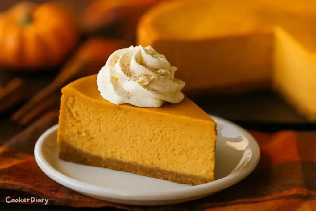 Side view of a slice of pumpkin cheesecake on a dessert plate, topped with whipped cream and a dusting of cinnamon.
