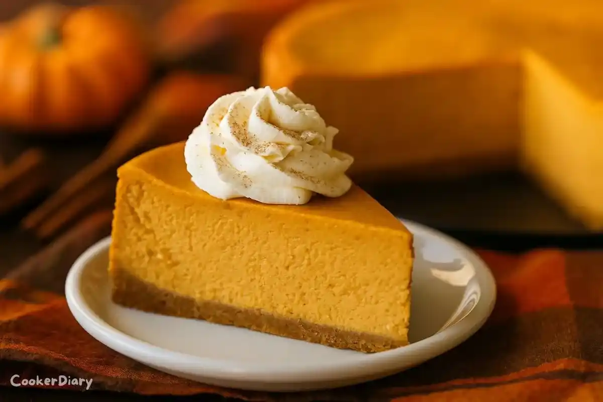 Side view of a slice of pumpkin cheesecake on a dessert plate, topped with whipped cream and a dusting of cinnamon.