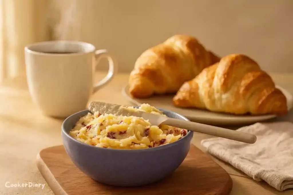 Cranberry butter served with croissants and coffee on a breakfast table.