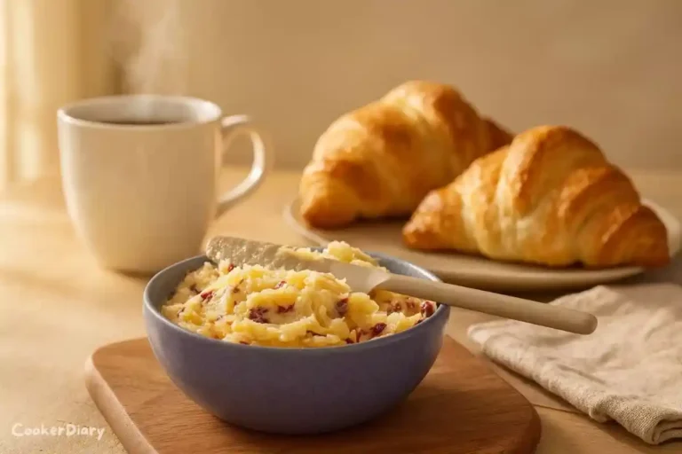 Cranberry butter served with croissants and coffee on a breakfast table.