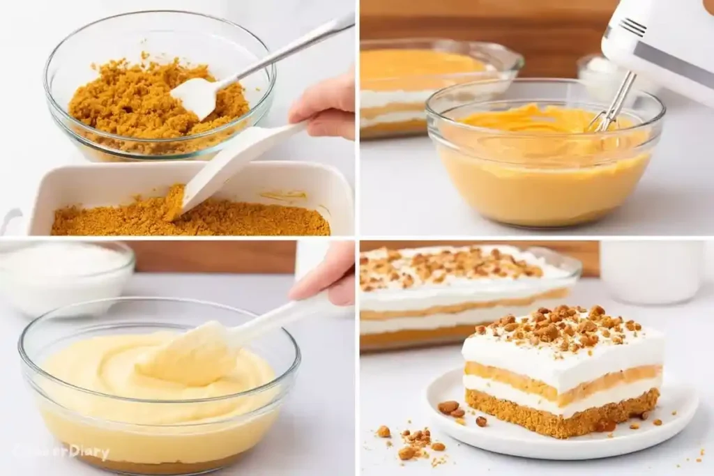 Four-step composite showing how to make lasagna from crust to topping.