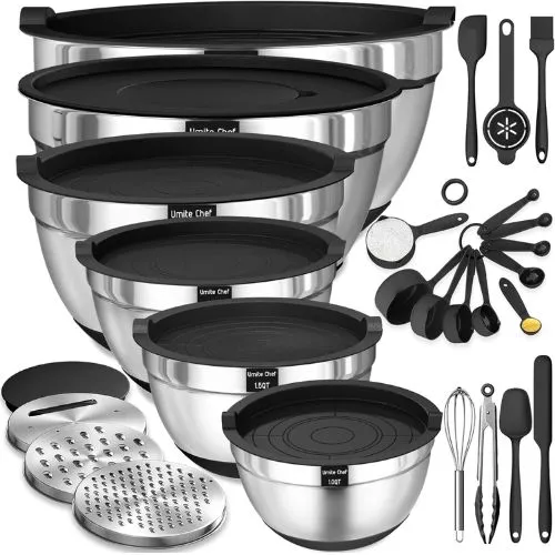 stainless steel collection includes airtight lids, multiple bowl sizes, non-slip bottoms, and handy grater attachments, making it perfect for mixing, storing, and serving.
