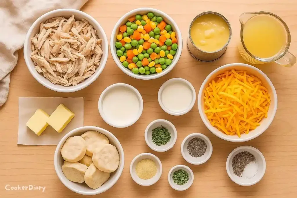 Flat-lay of ingredients for chicken biscuit casserole on wooden countertop.