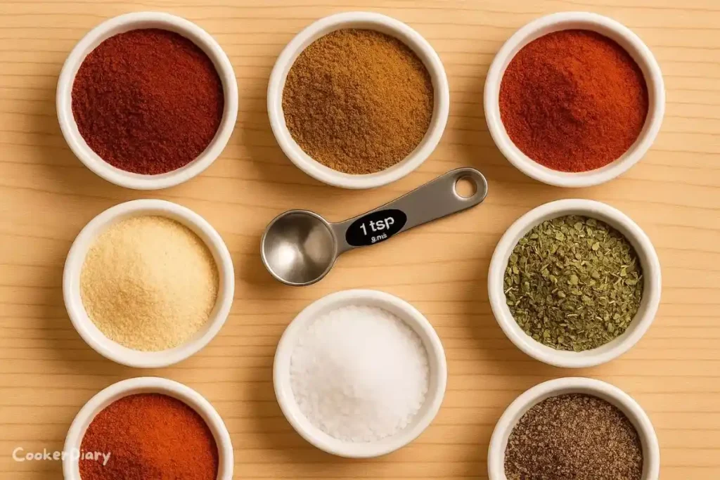 Flat-lay of individual spices for homemade chili seasoning.