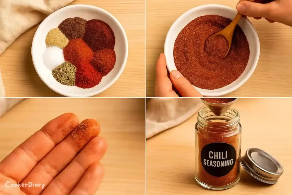Four-stage prep visual showing seasoning mixing & storing process.