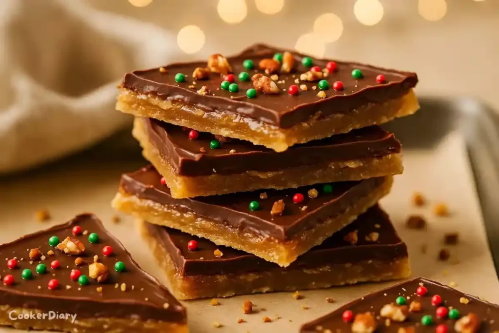 Close-up angled shot of Christmas Crack stacked to reveal toffee layers.