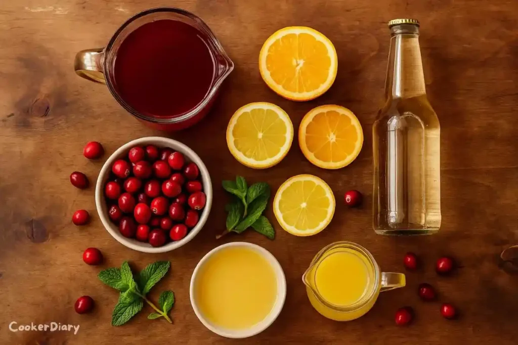 Flat-lay of ingredients for non-alcoholic Christmas punch on a wooden counter.