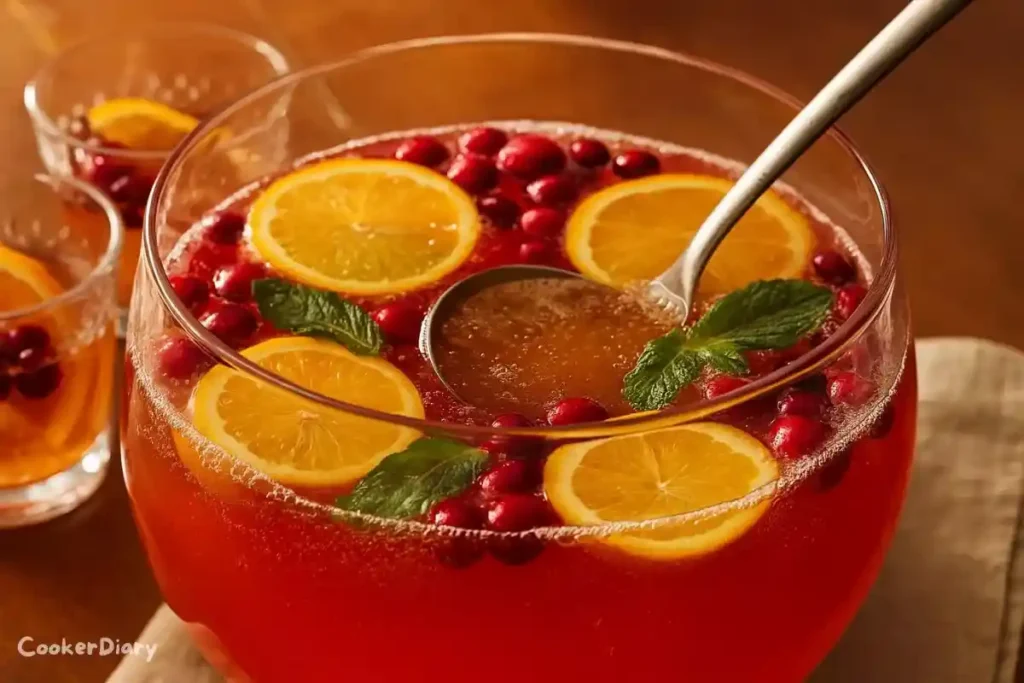 Angled close-up of Christmas punch with citrus slices, cranberries, and mint in a glass bowl.