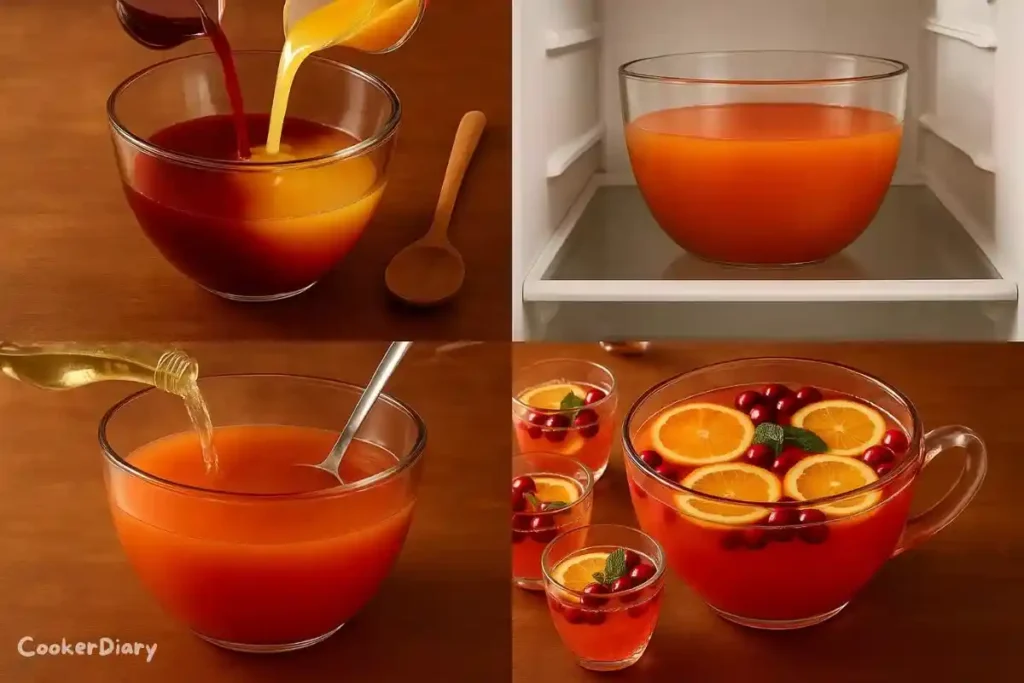 Four-step composite showing how to make non-alcoholic drink from mixing to serving.