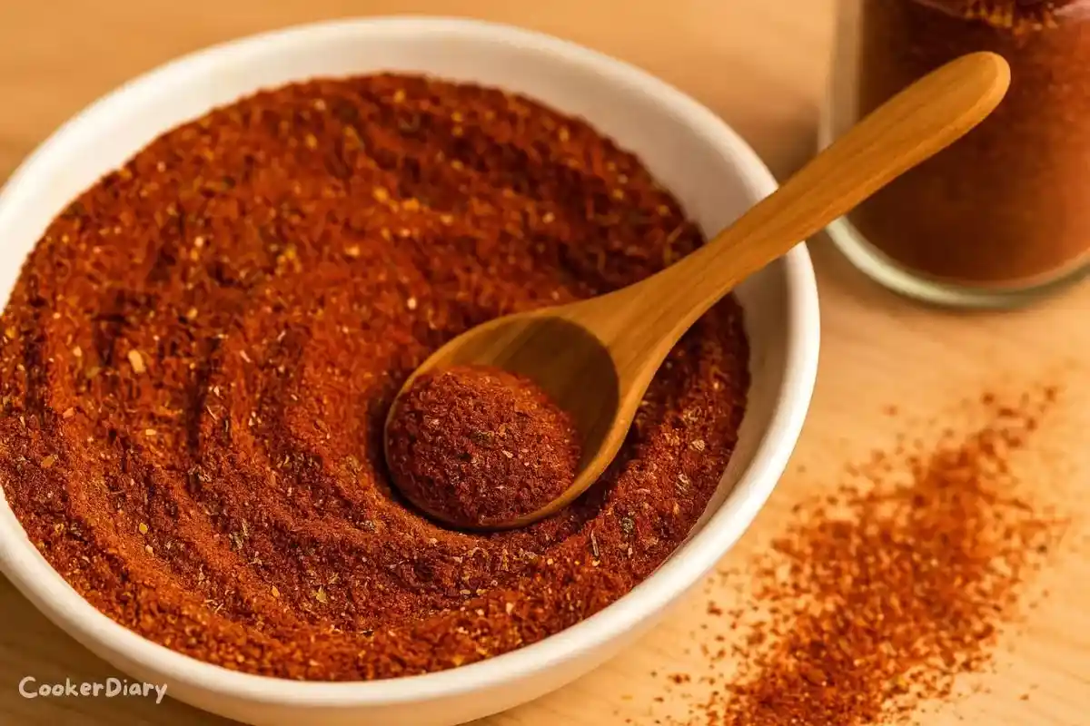 Angled close-up of chili seasoning showing grainy spice texture.