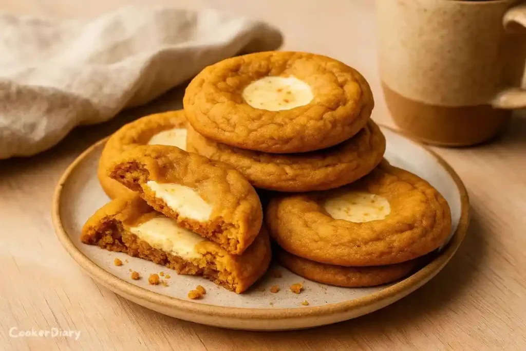 Side angle of stacked pumpkin cheesecake cookies showing creamy centers and soft crumb texture.