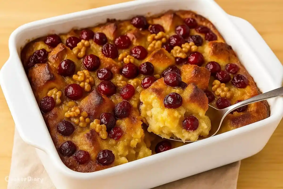 Angled close-up shot of cranberry bread pudding with a serving lifted.