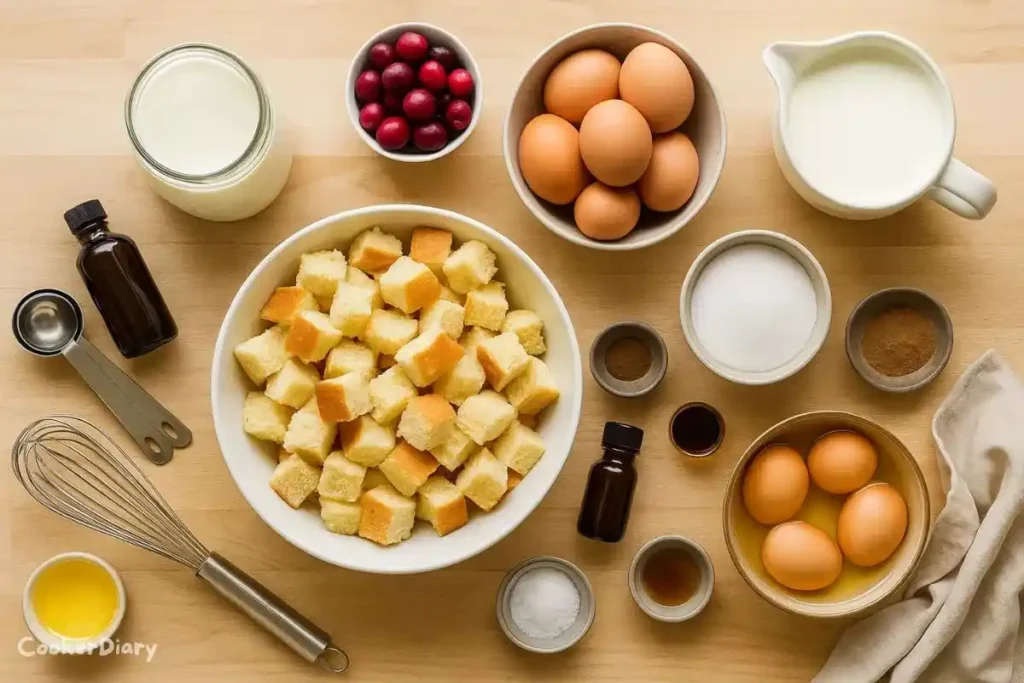 Flat-lay of raw ingredients for cranberry bread pudding arranged on a wooden surface.