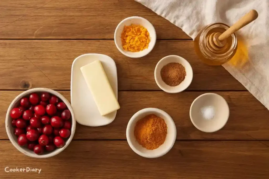 Ingredients for homemade cranberry butter arranged on a rustic wooden table.