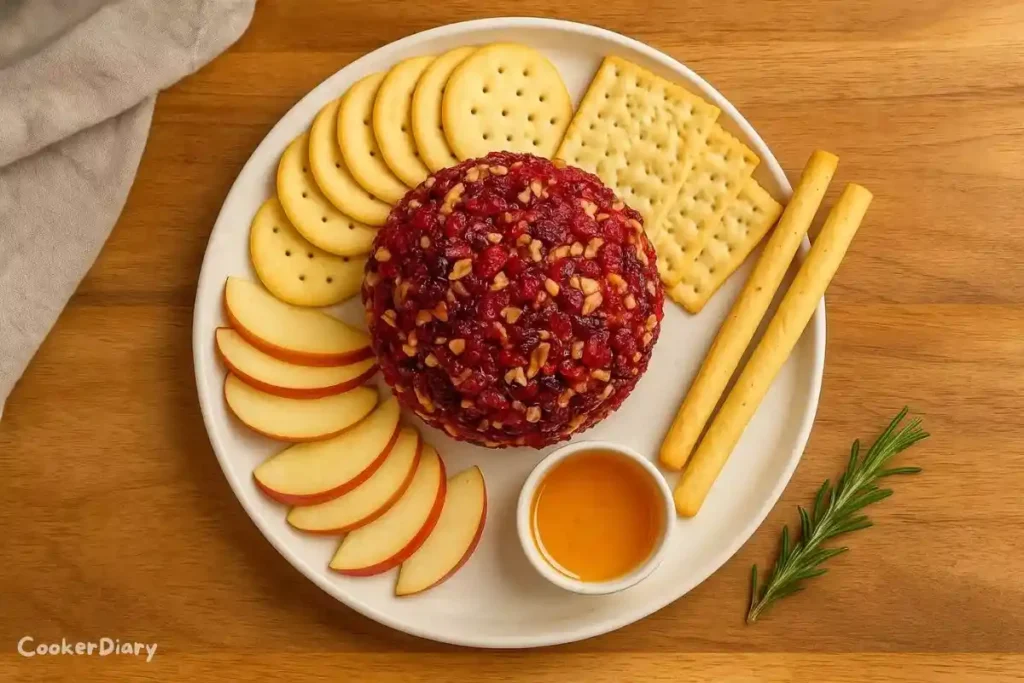 Top-down view of cranberry cheese ball coated with pecans and cranberries on a white plate.