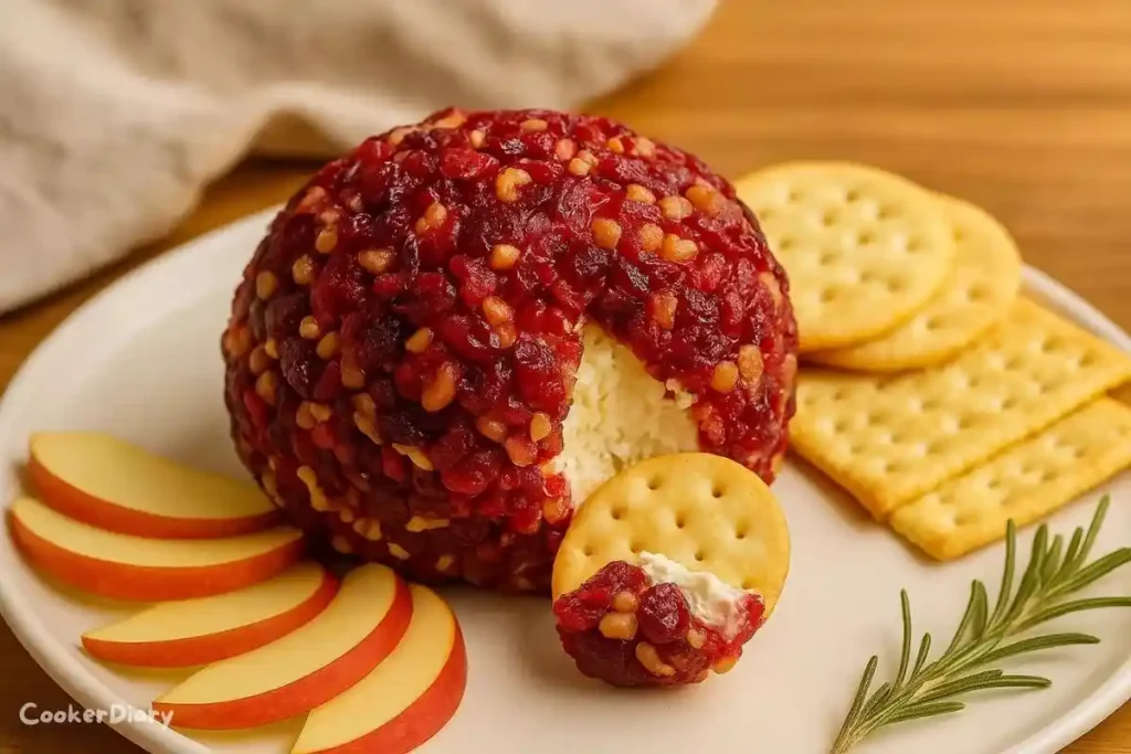 Angled close-up of cranberry cheese ball with crackers and visible creamy texture.