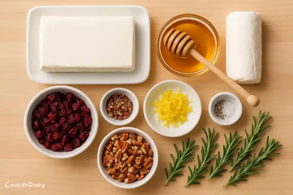 Flat-lay of log ingredients on a wooden surface.