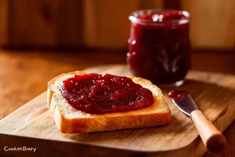 Cranberry jelly spread on buttered toast beside a jar of homemade jelly.