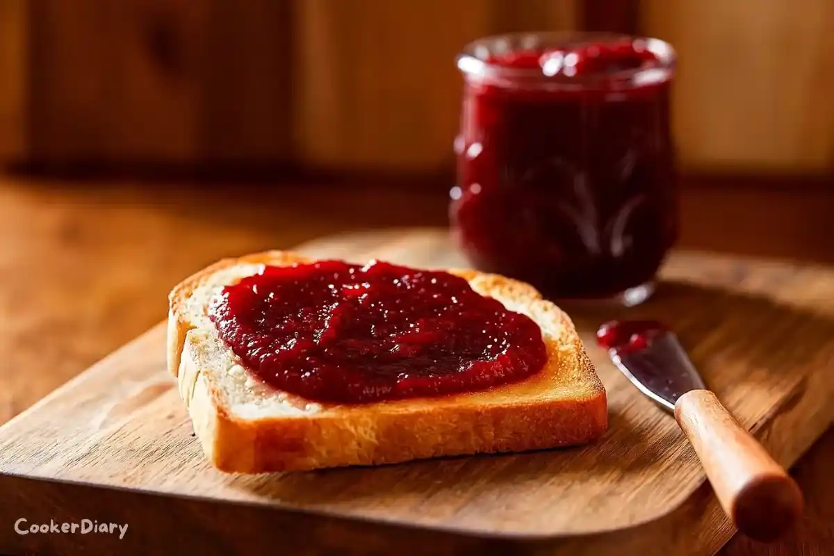 Cranberry jelly spread on buttered toast beside a jar of homemade jelly.