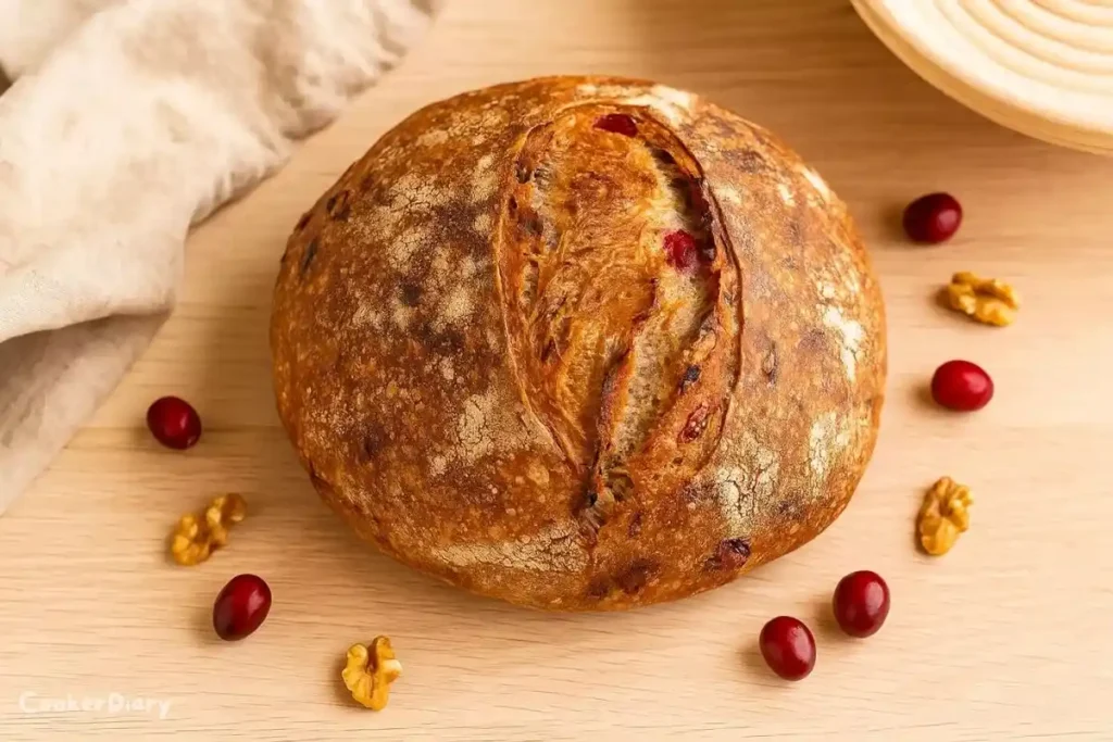 Overhead image of a round cranberry sourdough loaf on a wooden countertop.