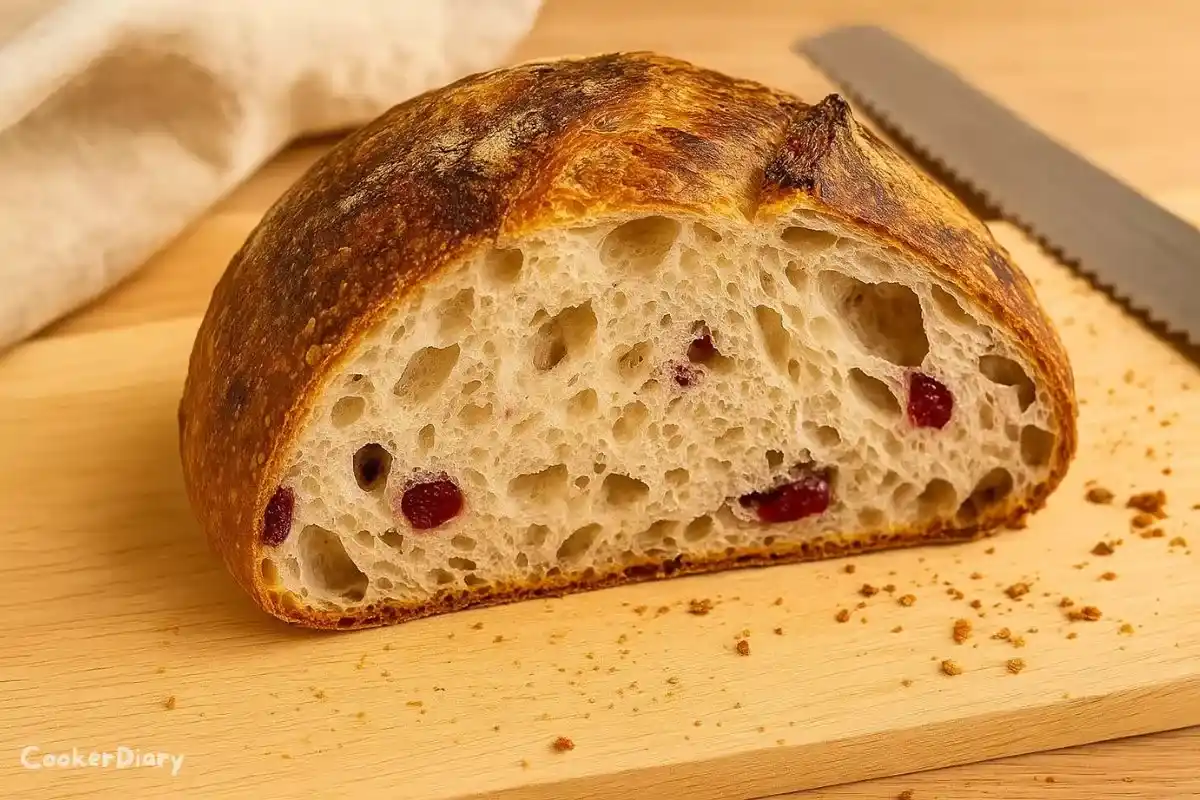Angled close-up of sliced cranberry sourdough bread showing airy crumb.