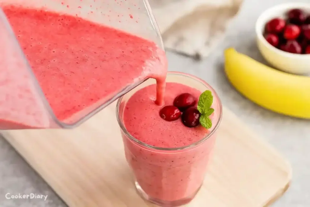 Tall glass of creamy cranberry smoothie topped with cranberries and mint.
