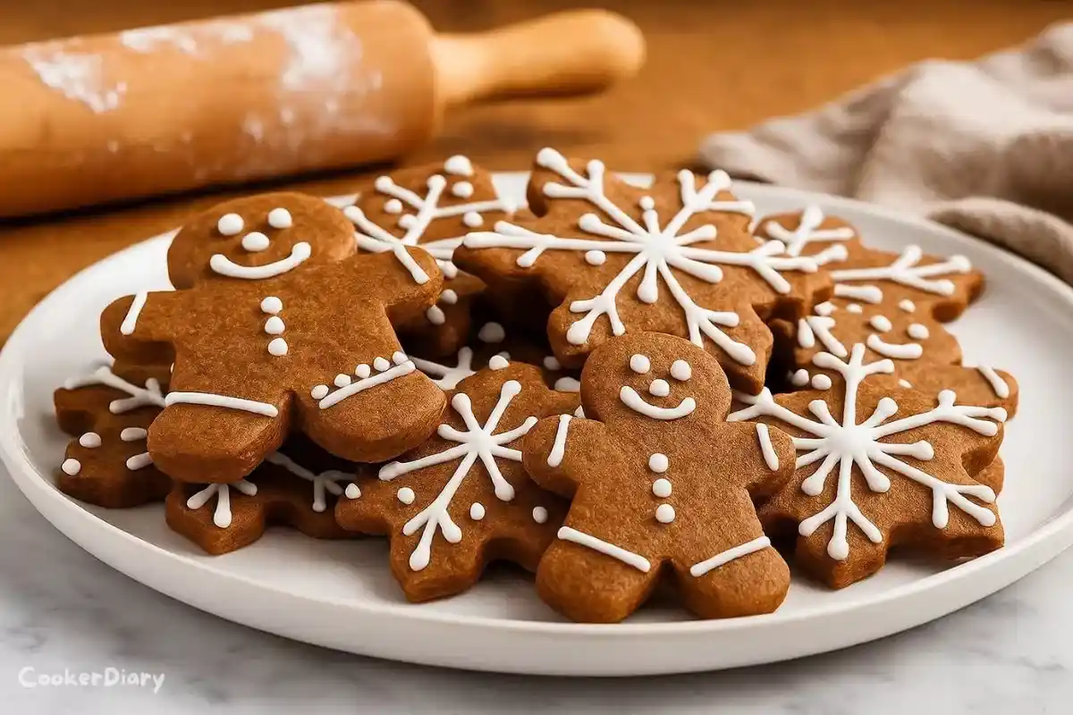 Warm close-up showing detailed texture of iced gingerbread cookies.