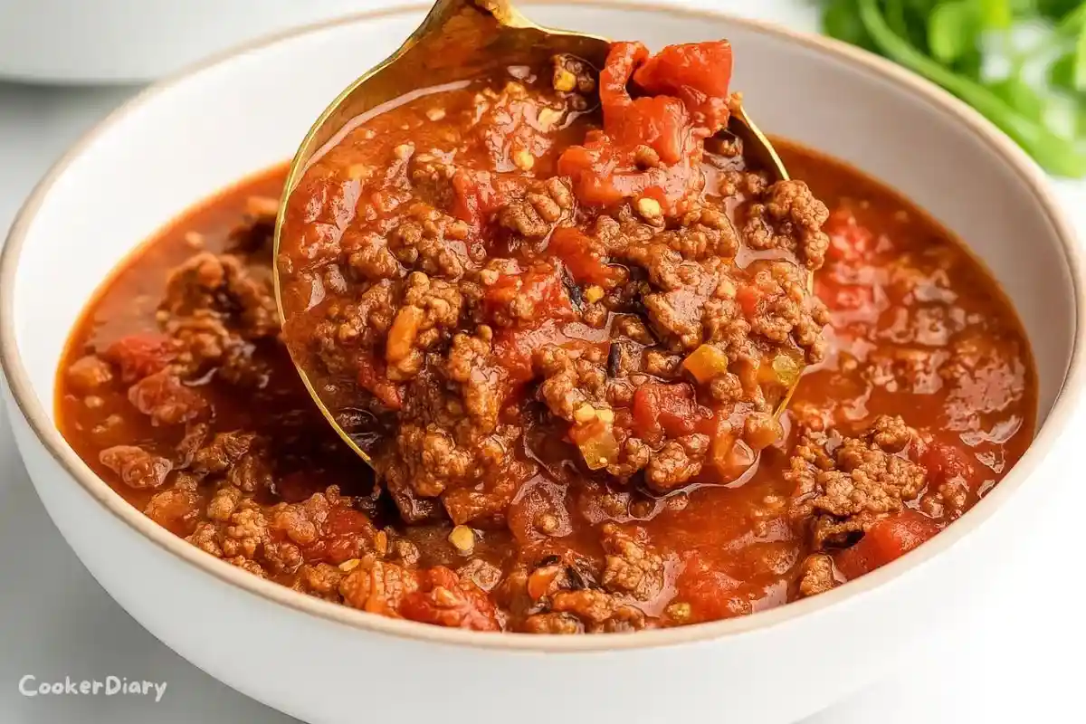 Side view close-up of thick no-bean chili with visible beef texture.