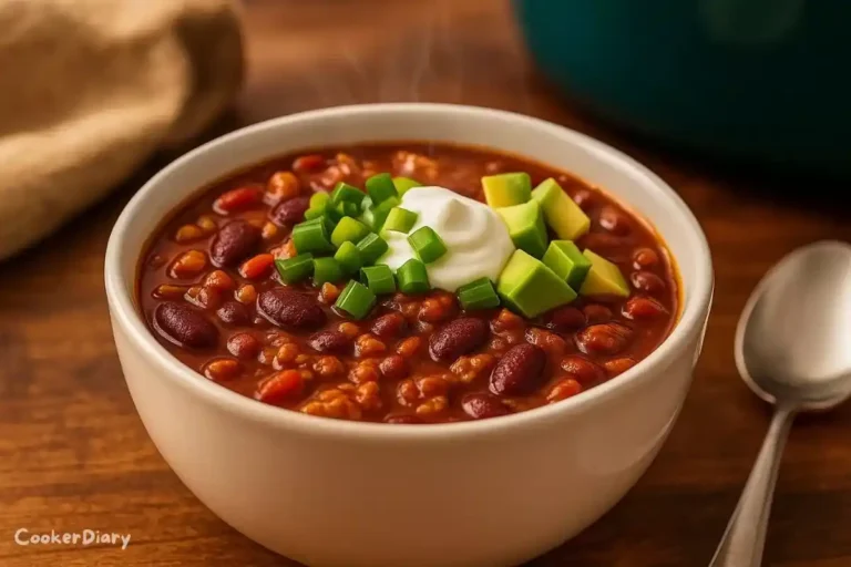Angled close-up of hearty high-protein chili with toppings in a white bowl.