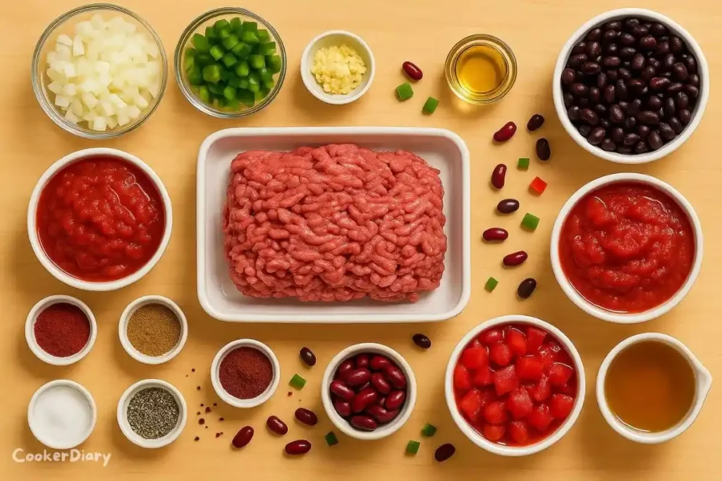 Flat-lay of colorful ingredients for high-protein chili on a wooden surface.