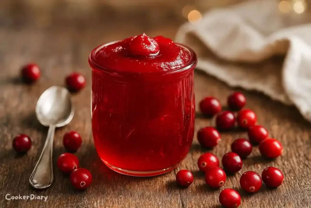 Homemade cranberry jelly glowing in a glass jar with fresh cranberries beside it.