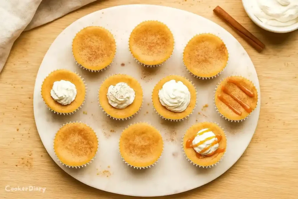 Top-down view of mini pumpkin cheesecake bites with whipped cream and cinnamon dusting on a light wooden surface.