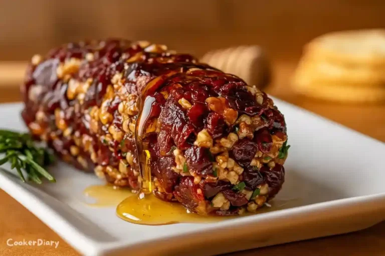 Angled close-up of honey cranberry cheese log with honey drizzle and festive garnish.