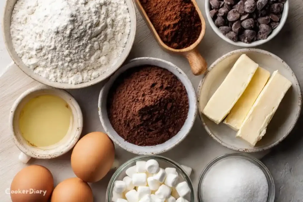 Flat-lay of hot cocoa cookie ingredients including flour, cocoa, marshmallows, and chocolate chips.