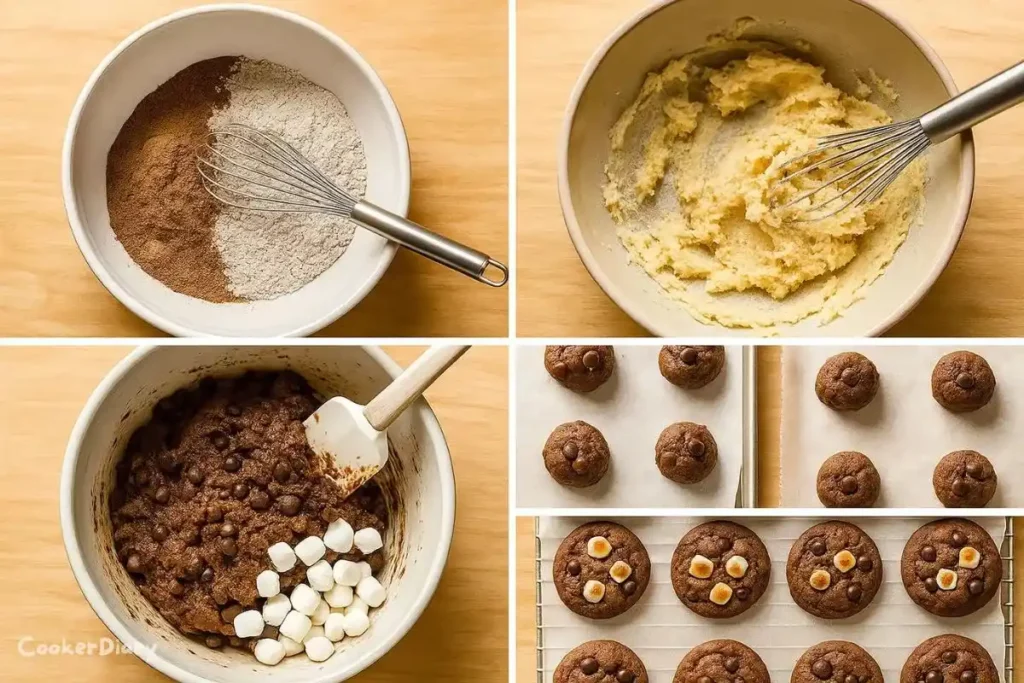 4-stage composite image showing mixing, folding, scooping, and baking the cookies.