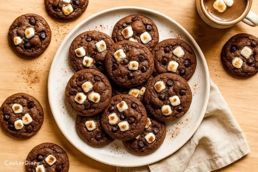 Top-down rustic plate of hot cocoa cookies with melted marshmallows and chocolate chips.