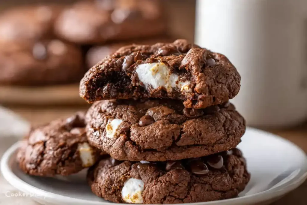 Angled close-up of hot cocoa cookies with melted marshmallow pockets.
