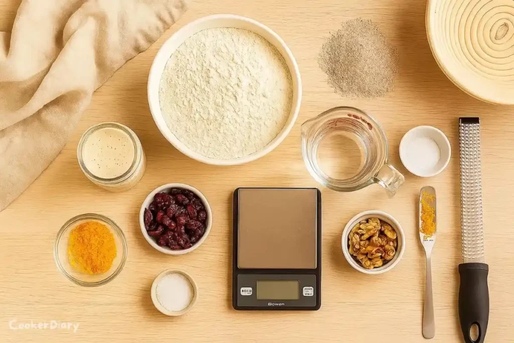 Flat-lay of sourdough bread ingredients including flour, starter, cranberries, and salt.