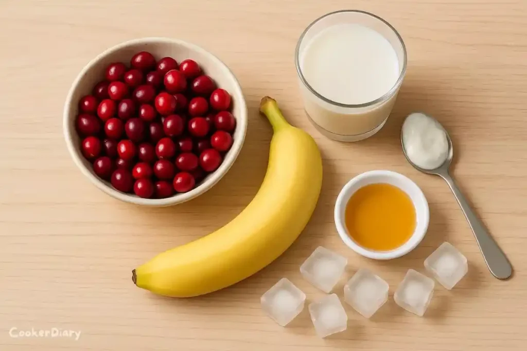 Flat lay of ingredients for creamy cranberry smoothie.