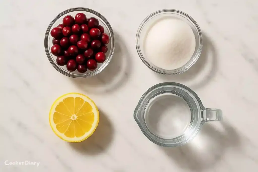 Jelly ingredients — cranberries, sugar, lemon, and water neatly arranged.