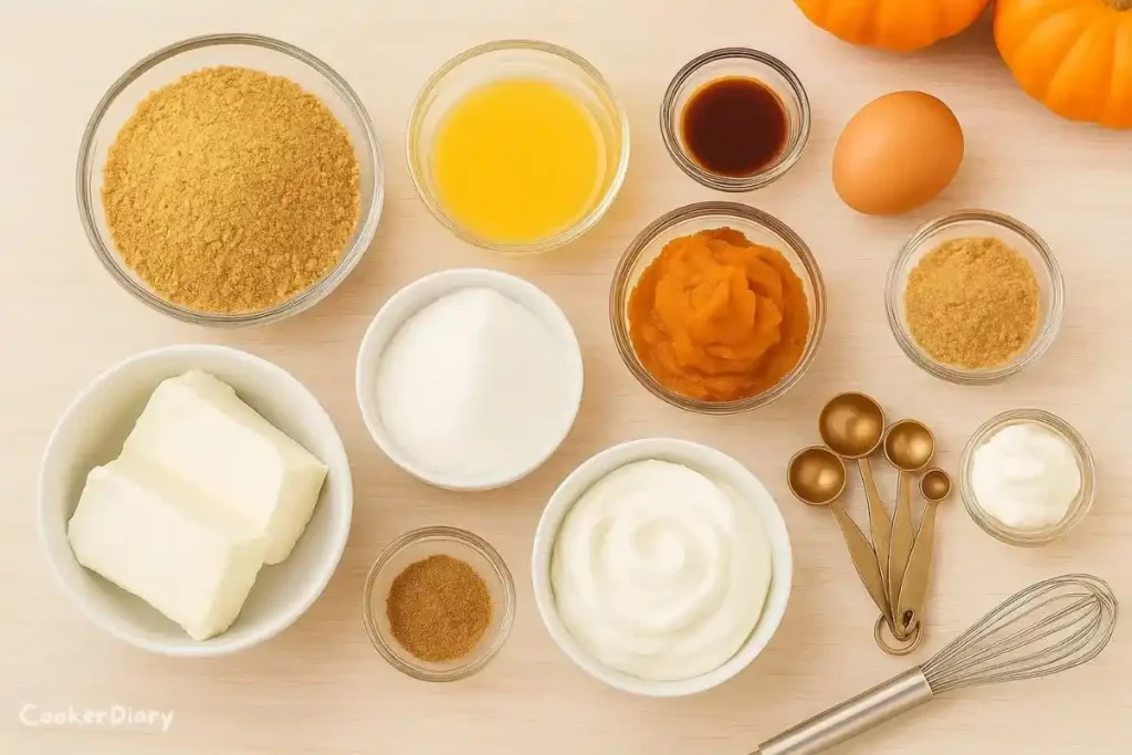 Flat-lay of mini pumpkin cheesecake ingredients including pumpkin puree, cream cheese, graham crumbs, and spices.