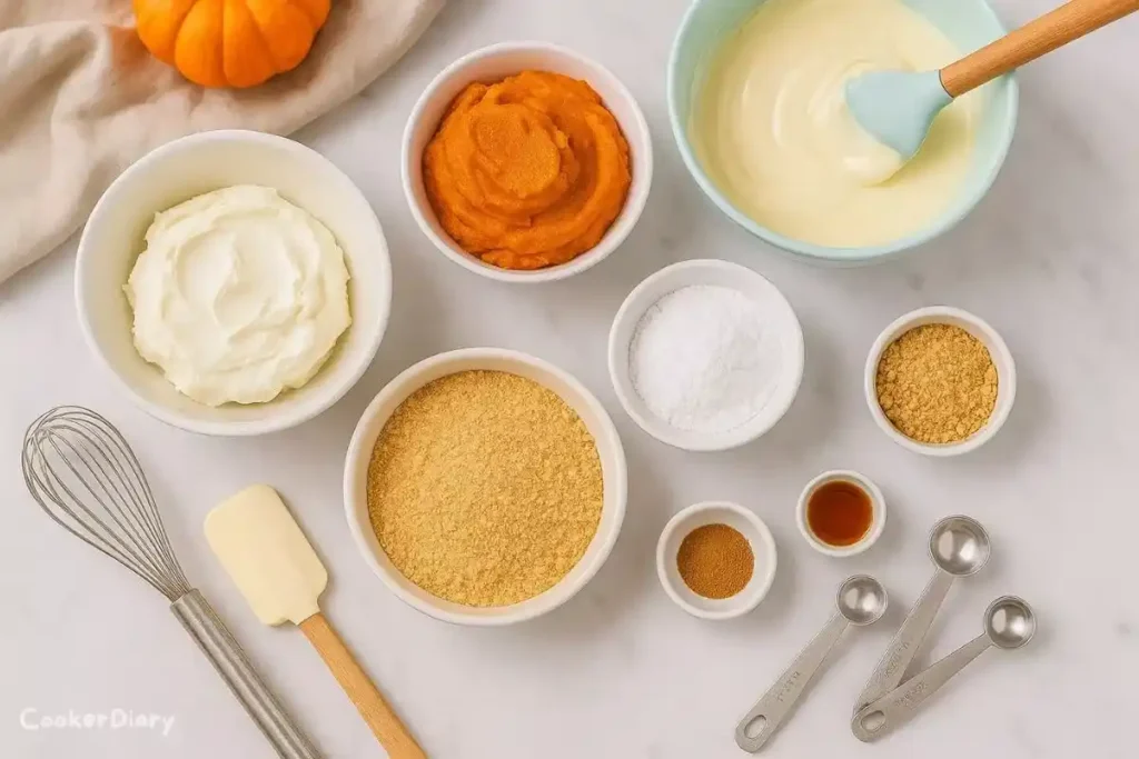 Flat-lay of ingredients for no-bake pumpkin cheesecake balls including cream cheese, pumpkin purée, graham crumbs, and white chocolate.