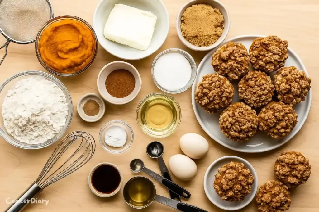 Flat-lay of ingredients for pumpkin cheesecake muffins including pumpkin puree, cream cheese, sugars, eggs, flour, and spices.
