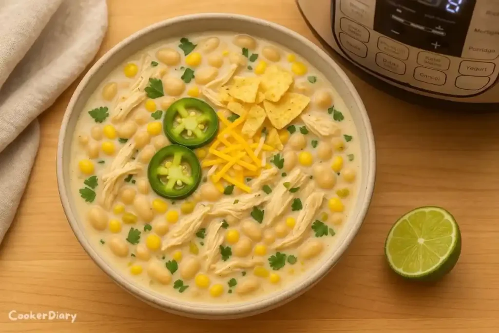 Top-down view of creamy Instant Pot white chicken chili garnished with cilantro and jalapeños.