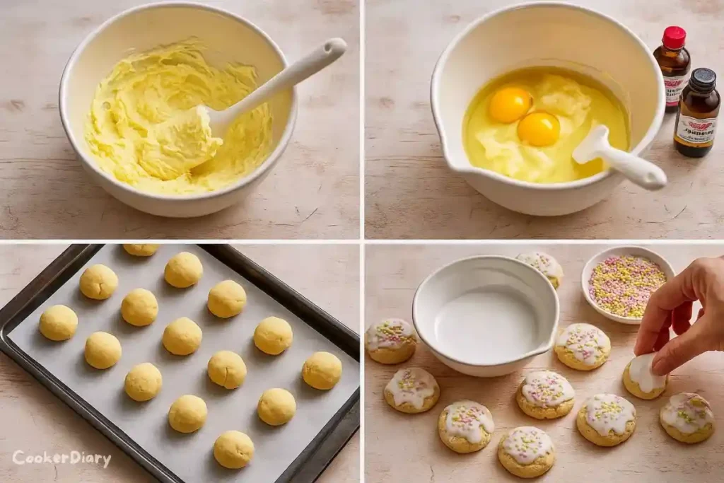 Four-step visual showing how to cream, mix, roll, and glaze the Cookies.