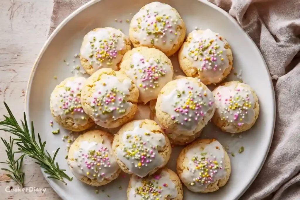 Top-down photo of glazed Italian Christmas Cookies with sprinkles on a white platter.