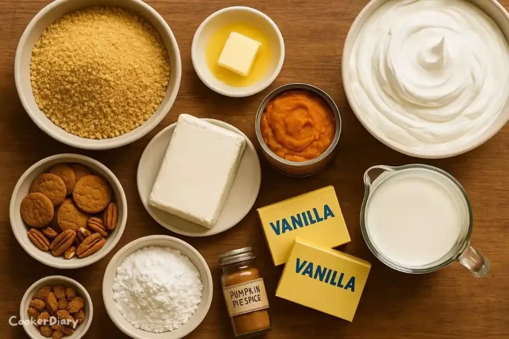 Flat-lay shot of ingredients for pumpkin lasagna on a wooden counter.